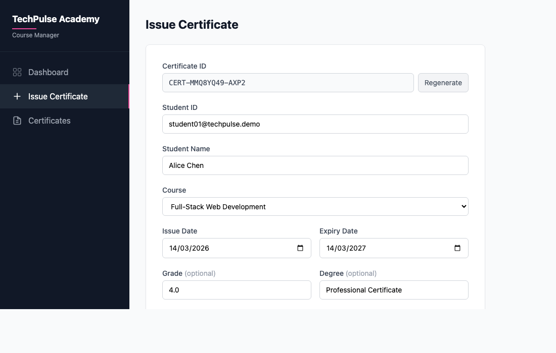 Issue Certificate Form